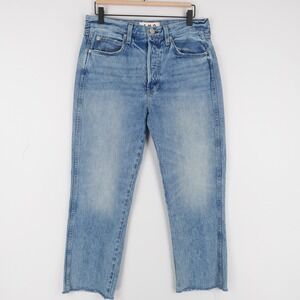 AMO Loverboy Jeans Womens 29 Blue Straight Leg High Rise Button Fly Raw Hem
